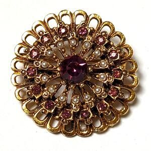 Vintage Arthur Pepper Gold Filigree Starburst Amethyst Colored Crystal Brooch